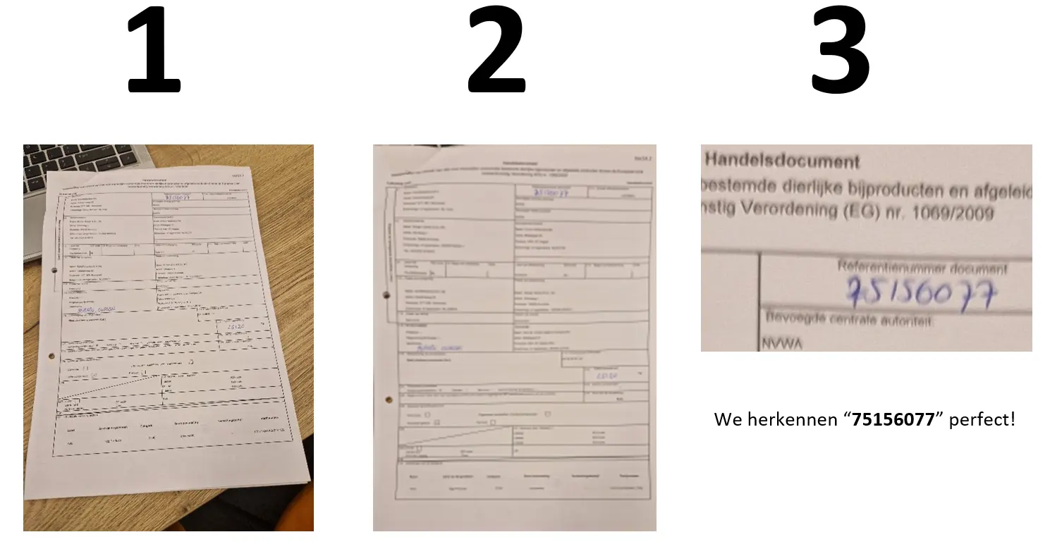 Before and after example of document image enhancement with AI