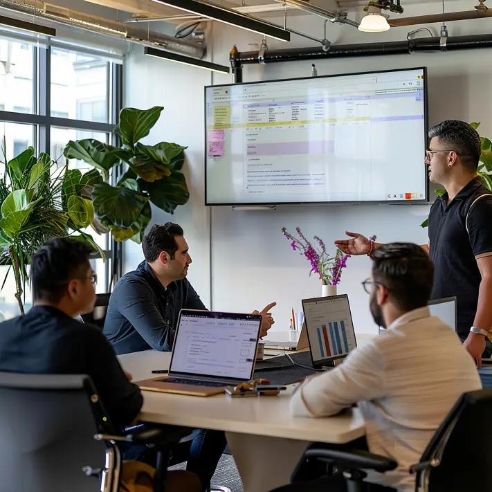 Modern office environment with automated document workflows on screens